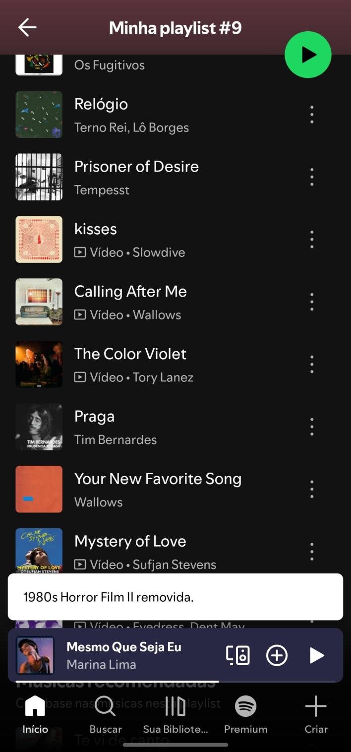 Remoção de música pelo menu lateral sem opção de desfazer