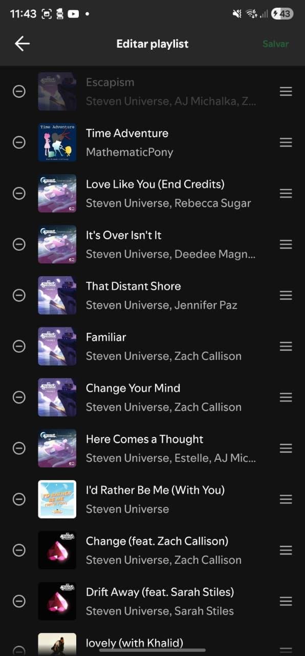 Ícones ⊖ e ☰ na tela de edição da playlist