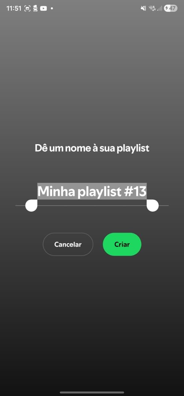 Tela de criação de playlist no Spotify sem opção pública/privada