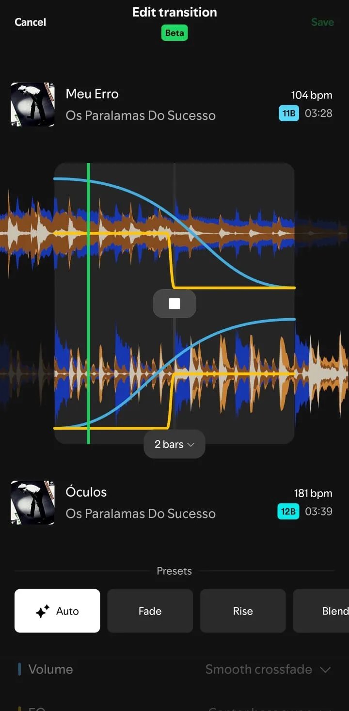 Tela Edit Transition do Spotify com termos técnicos de DJ